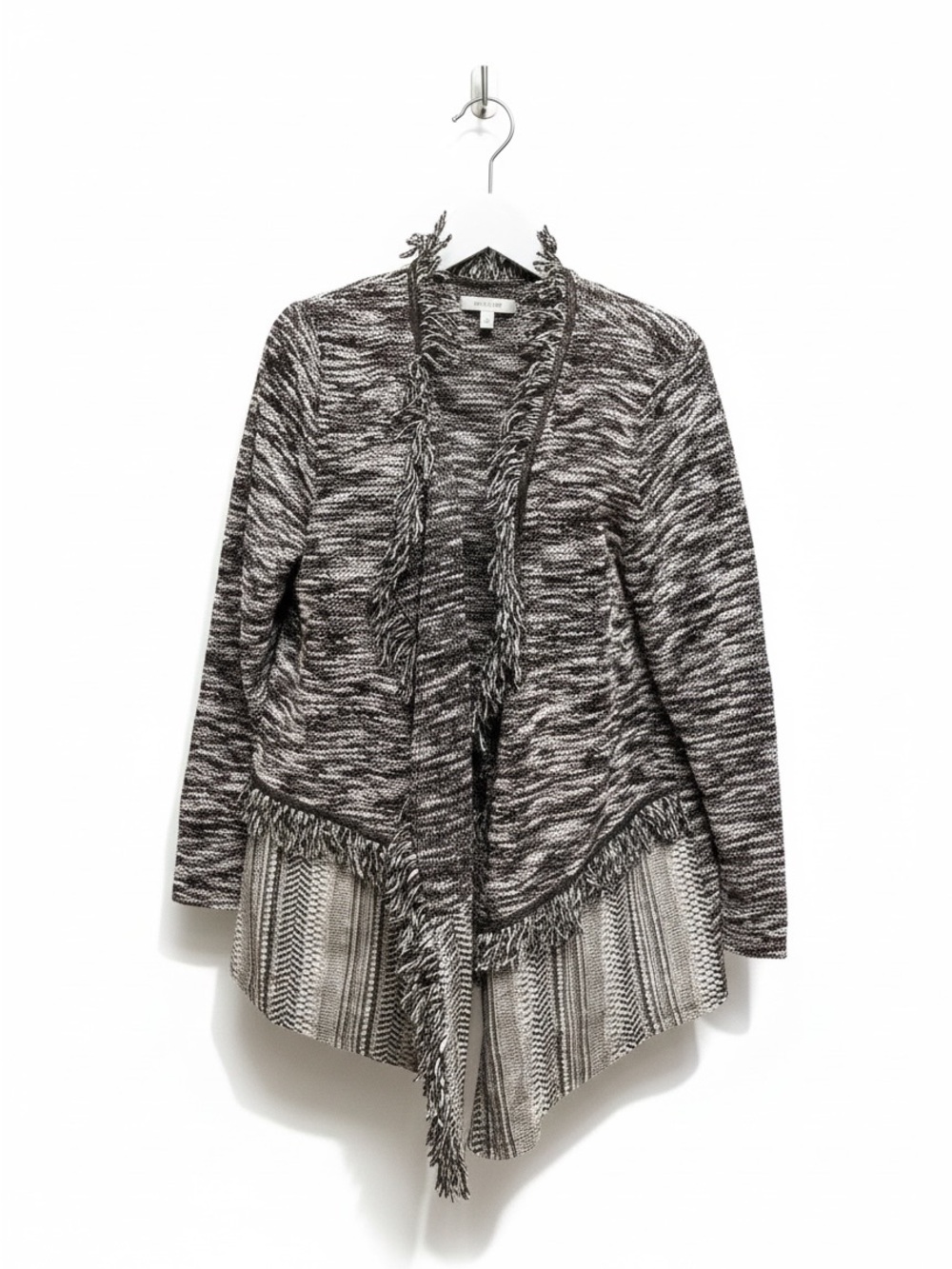 Style & Co Open Front Tweed Fringed Black White Cardigan Sweater Size L
